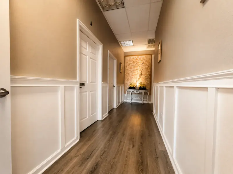 Hallway leading to the treatment spaces at Bigfoot Massage